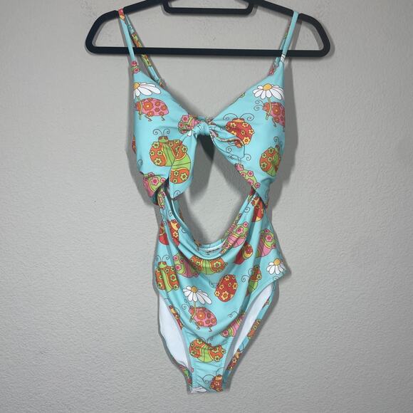 ModCloth Size Large The Siena One-Piece Swimsuit Blue Floral Tie Front Ladybug - Picture 2 of 10